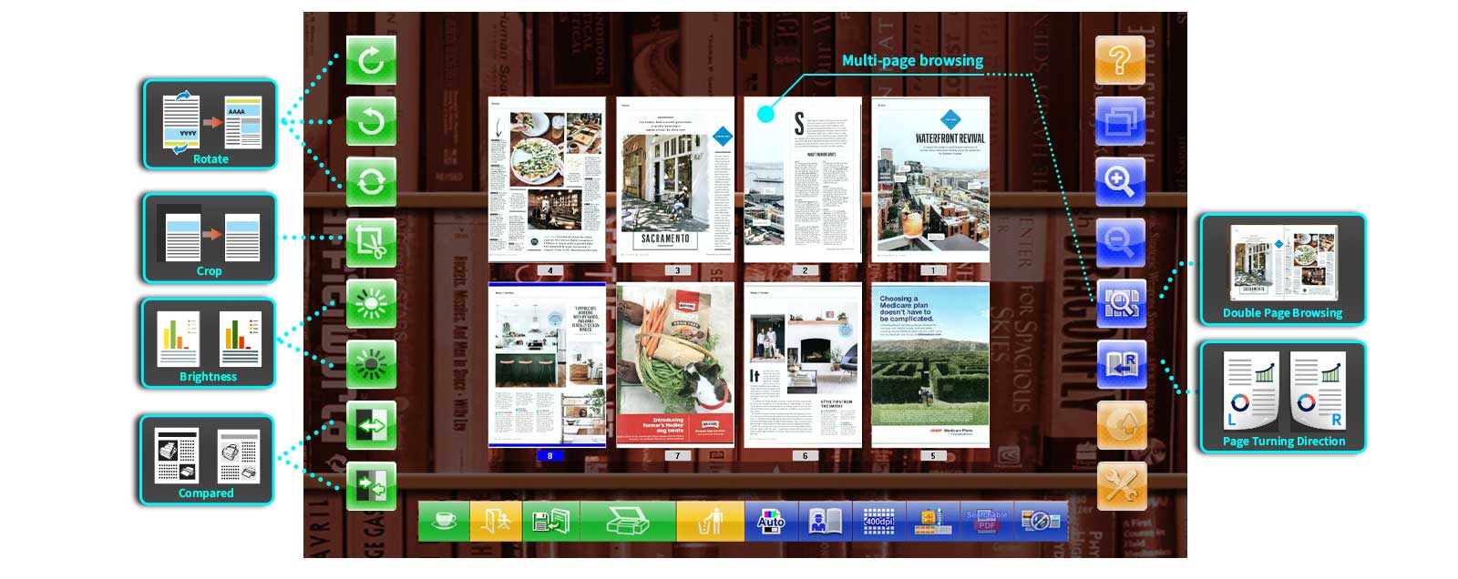 eBookScan 直观的界面即时预览，拖放页面顺序。