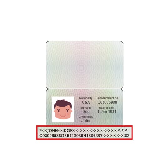 机器可读区域(MRZ) 识别护照和身份证上的机器可读区域 (MRZ),并提取编码值,如姓名、证件类型、签发国和其他信息。
